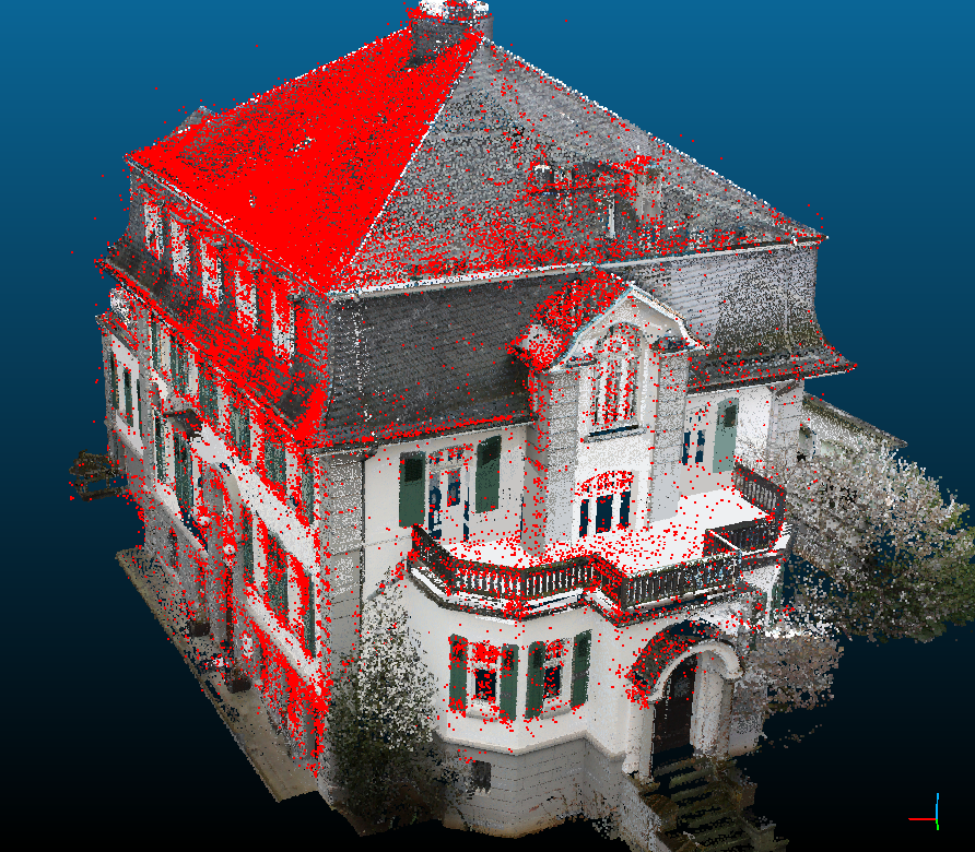 Point cloud from incremental bundle adjustment (red) and from terrestrial laser scan (textured).